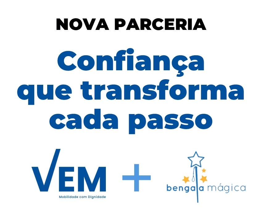 A imagem mostra um anúncio de parceria.
No topo está escrito “Nova Parceria”.
No centro, em letras azuis grandes: “Confiança que transforma cada passo”.
Em baixo, aparecem os logótipos da VEM e da bengala mágica, separados por um sinal de +.
O fundo é branco e o texto está em azul.