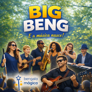 Cartaz colorido com o título “BIG BENG” em letras grandes amarelas e brancas, seguido da frase “E a música nasce!”. Ao fundo, há um cenário ao ar livre com árvores verdes desfocadas, sugerindo um ambiente de parque. Na parte inferior, um grupo diverso de pessoas toca música: uma mulher canta ao microfone, um menino toca guitarra acústica, um homem toca saxofone, outra mulher canta, uma jovem toca flauta e um homem toca teclado. À frente, um homem sorri enquanto toca guitarra elétrica. Algumas pessoas usam óculos escuros. Há notas musicais desenhadas à volta, transmitindo movimento e alegria. Na base do cartaz aparece o logótipo “bengala mágica”, com uma varinha e estrelas, e uma plateia desfocada em primeiro plano, sugerindo um concerto ao vivo.